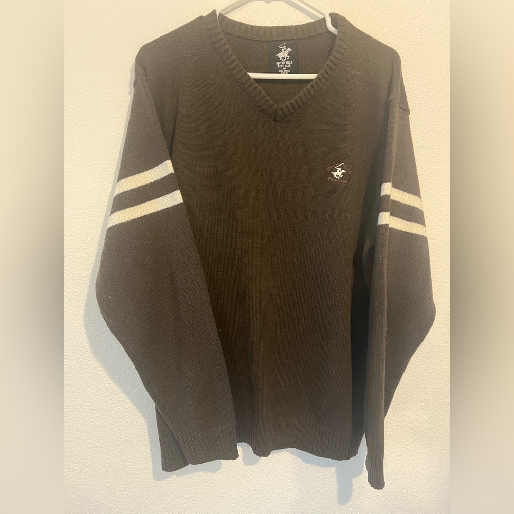 Beverly Hills Polo Club Dark Brown V-Neck Sweater with Cream Stripes XXL